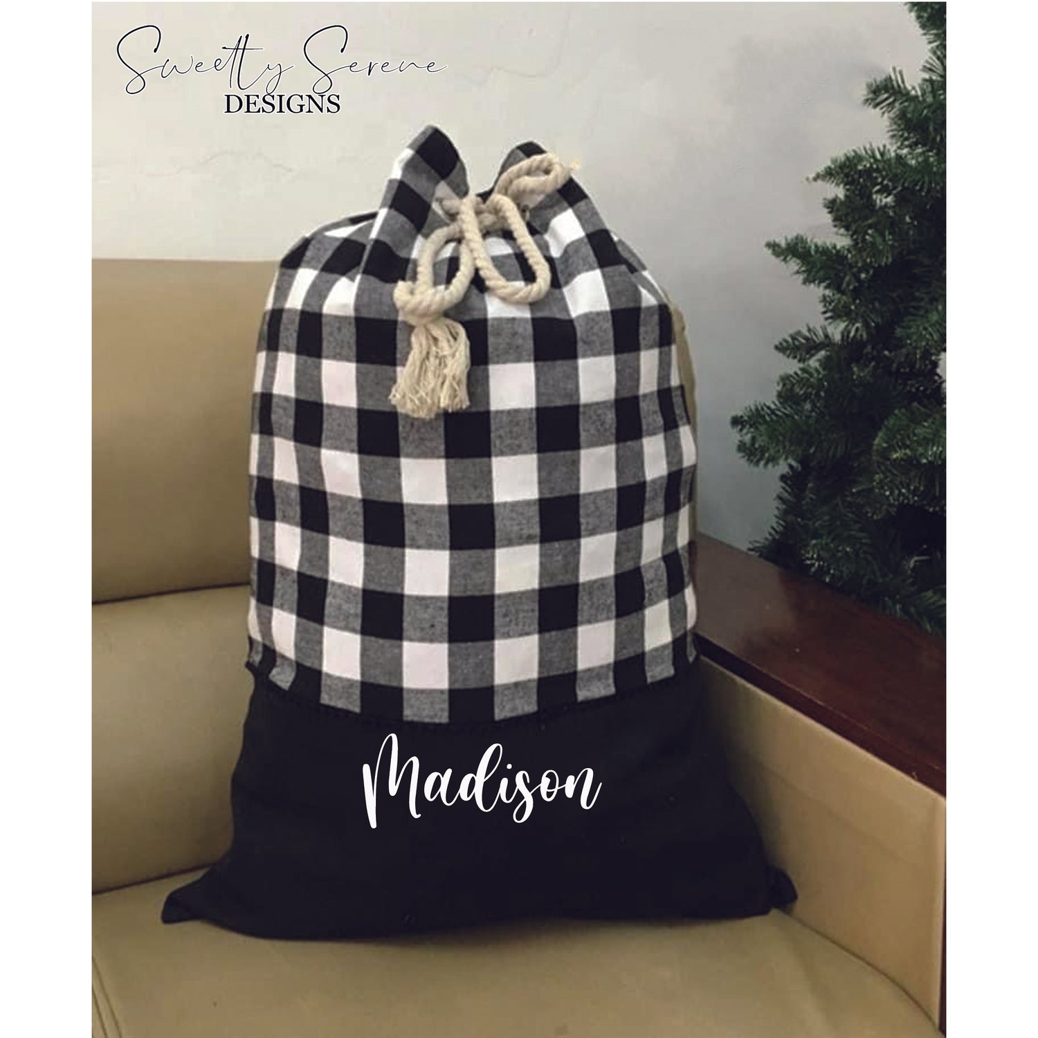 Buffalo Plaid with rope tie Santa Sac