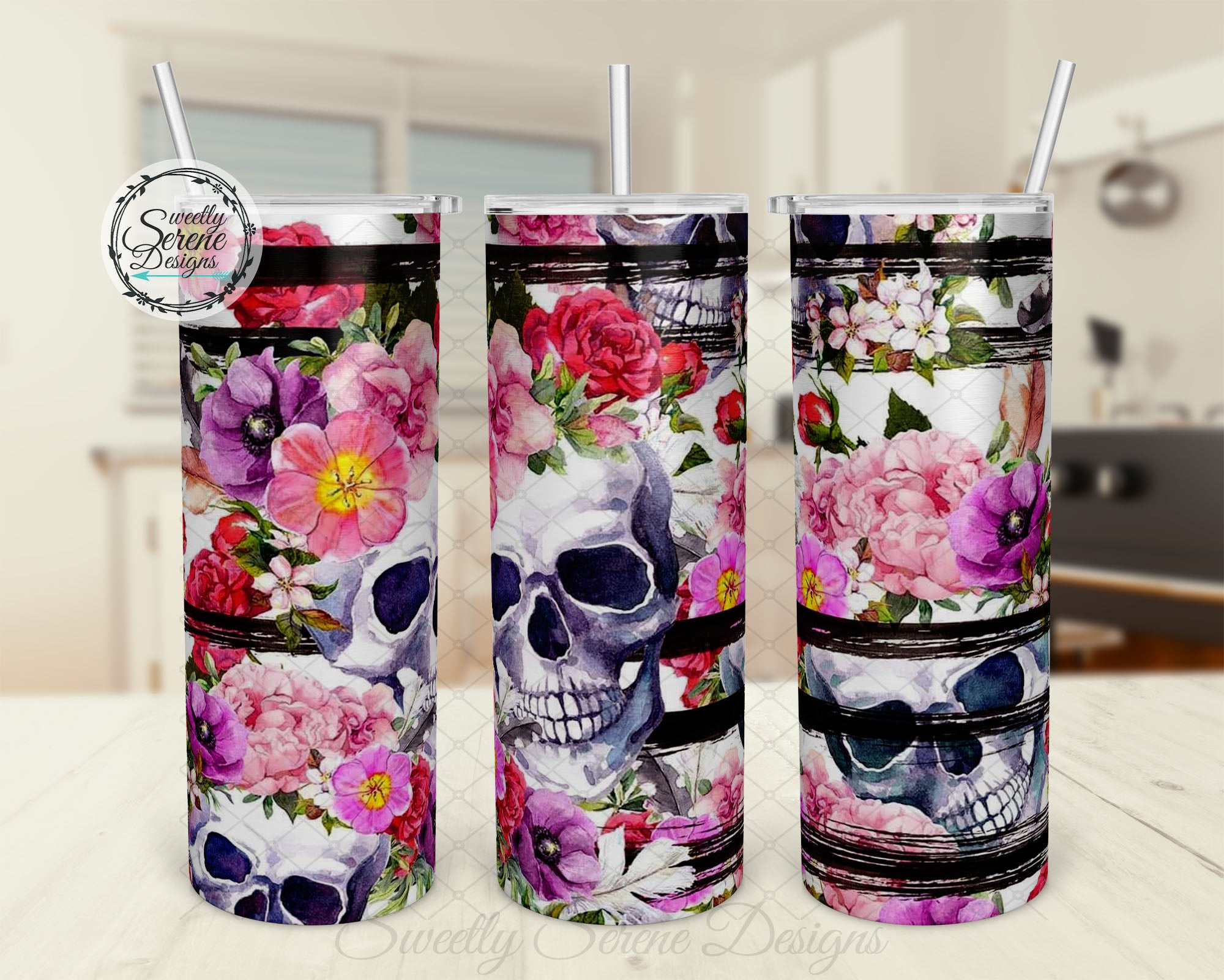 Floral skull - Skinny Tumbler