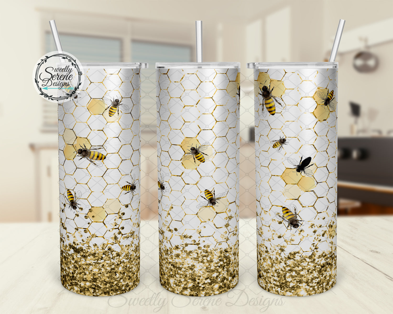 Honey Bees Honeycomb gold glitter - 20oz Skinny Tumbler