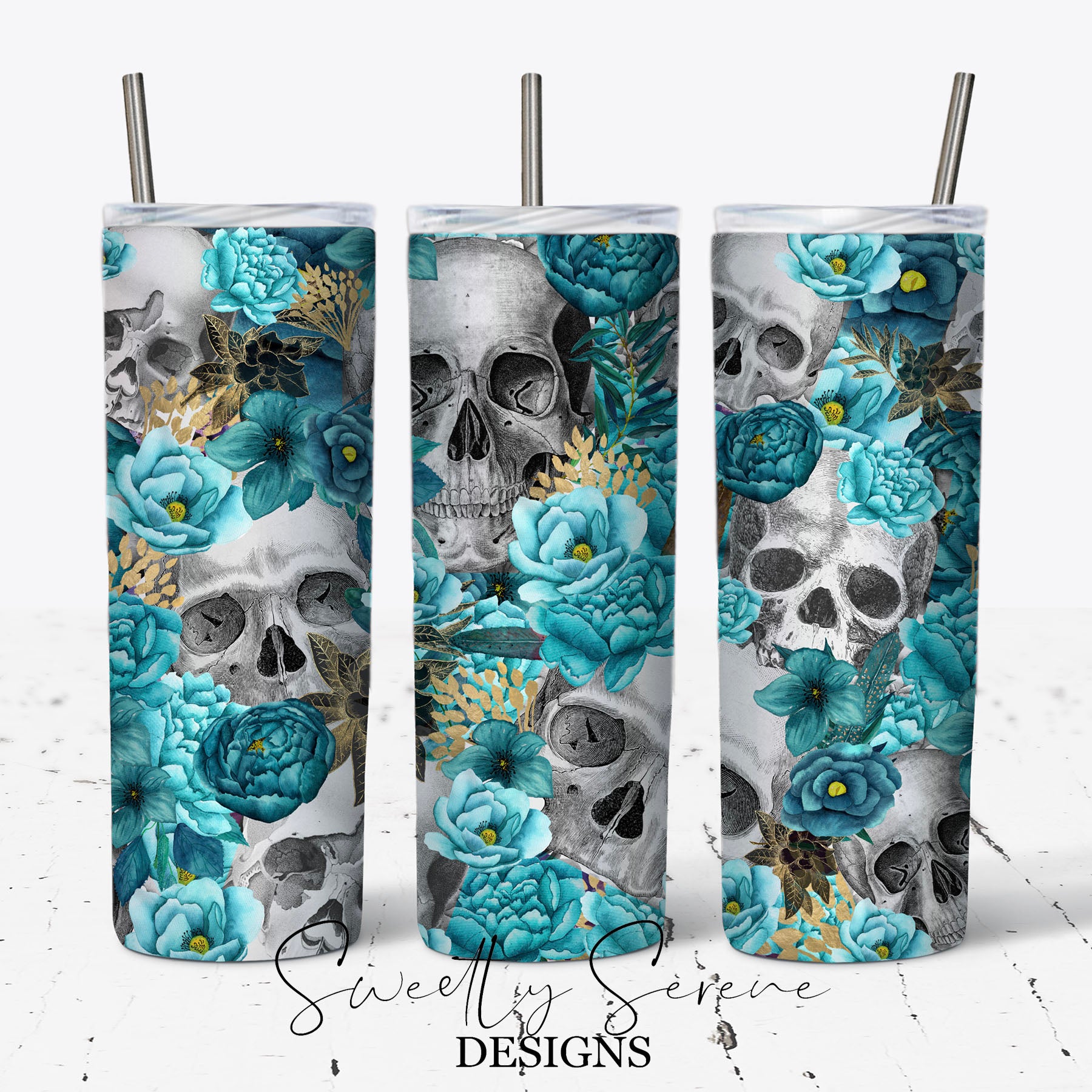 Teal skull - 20oz Skinny Tumbler